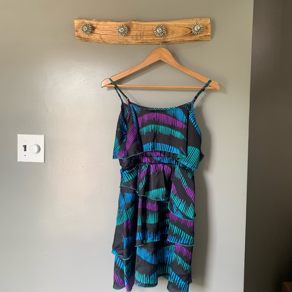 Bebe Tropical Neon Layered Ruffle Purple, Blue & Black Adjustable Silky Dress - Picture 2 of 5